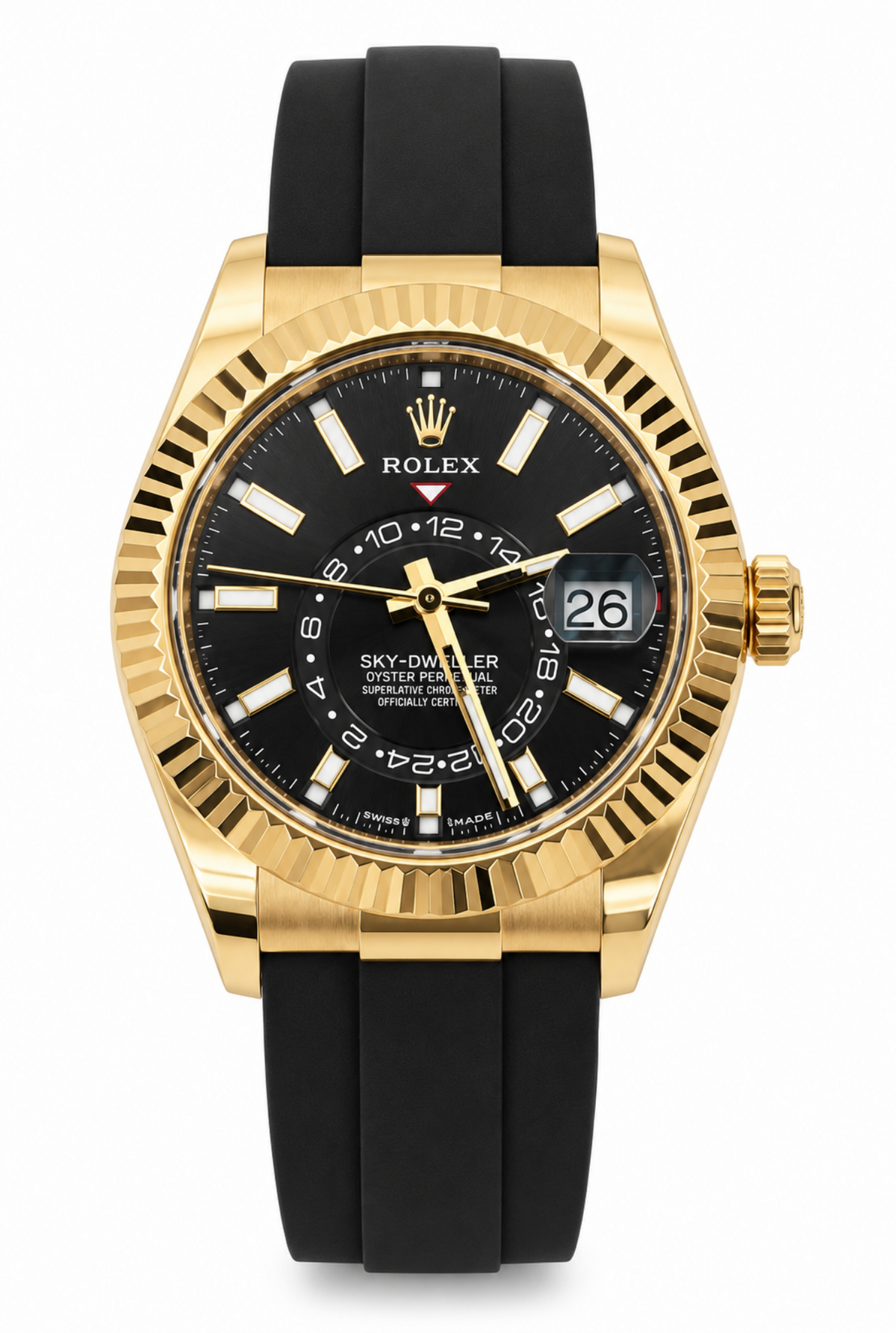 Rolex Sky-Dweller 42mm Black Dial Yellow Gold Fluted Bezel Oysterflex Bracelet 336238
